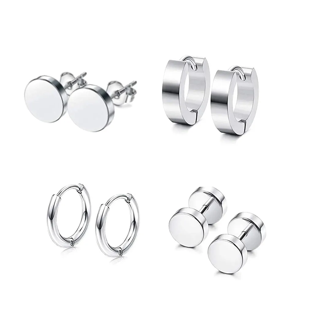 4 Pairs Stainless Steel Stud Earrings for Men Women Hoop Earrings Huggie Piercing 18G