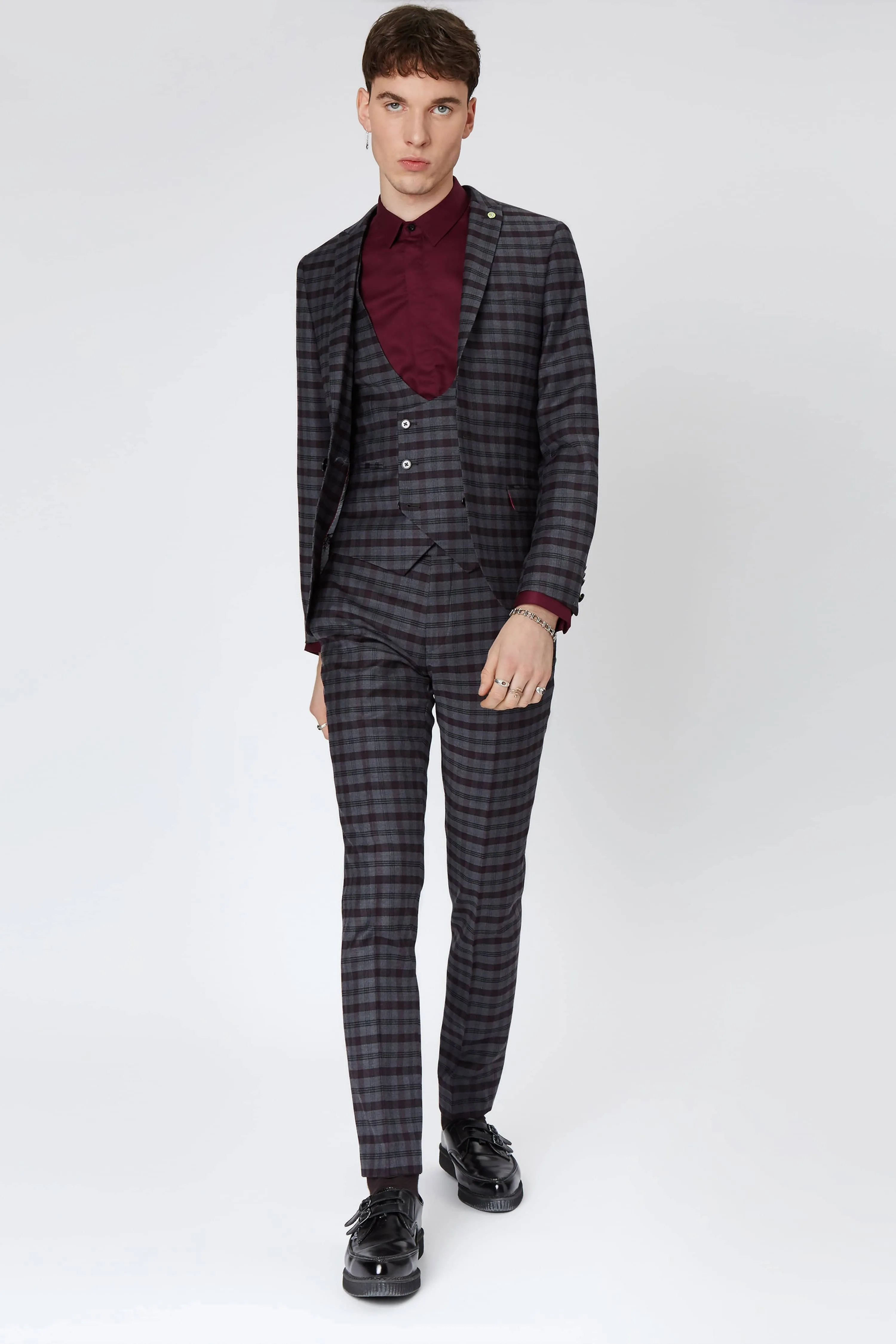 Besen Skinny Fit Suit Jacket in Burgundy and Grey Check - ARCHIVE