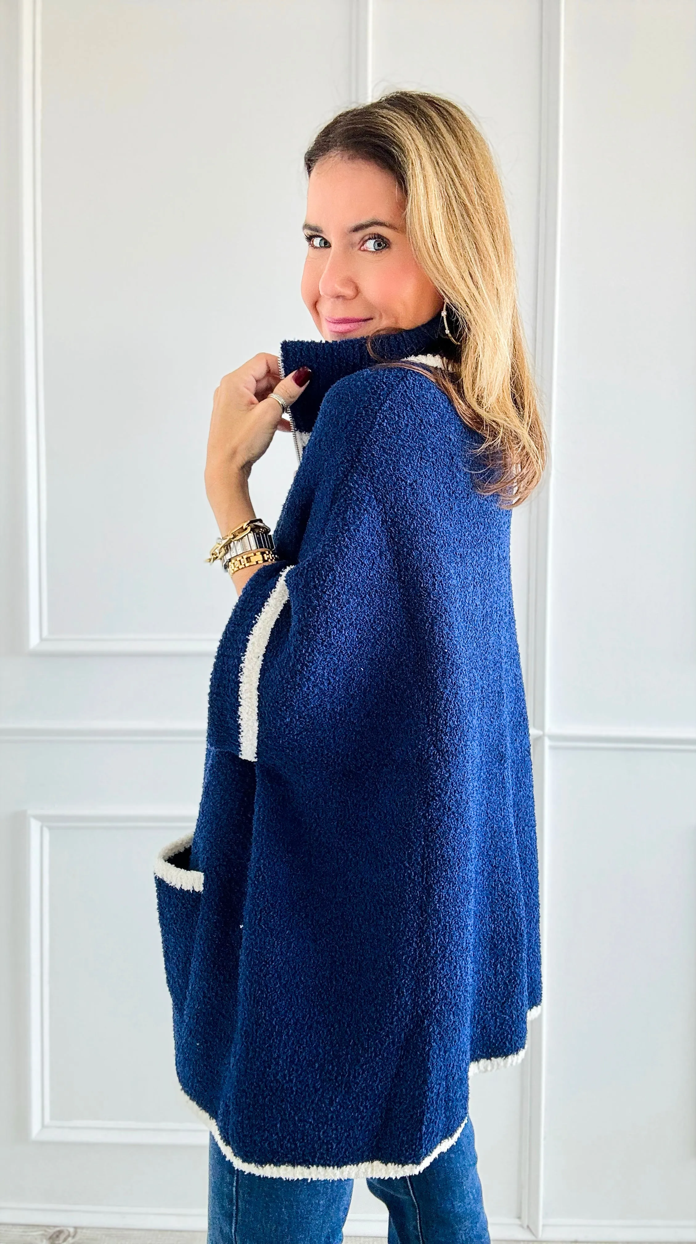 Colored Edge Zipper Jacket - Navy