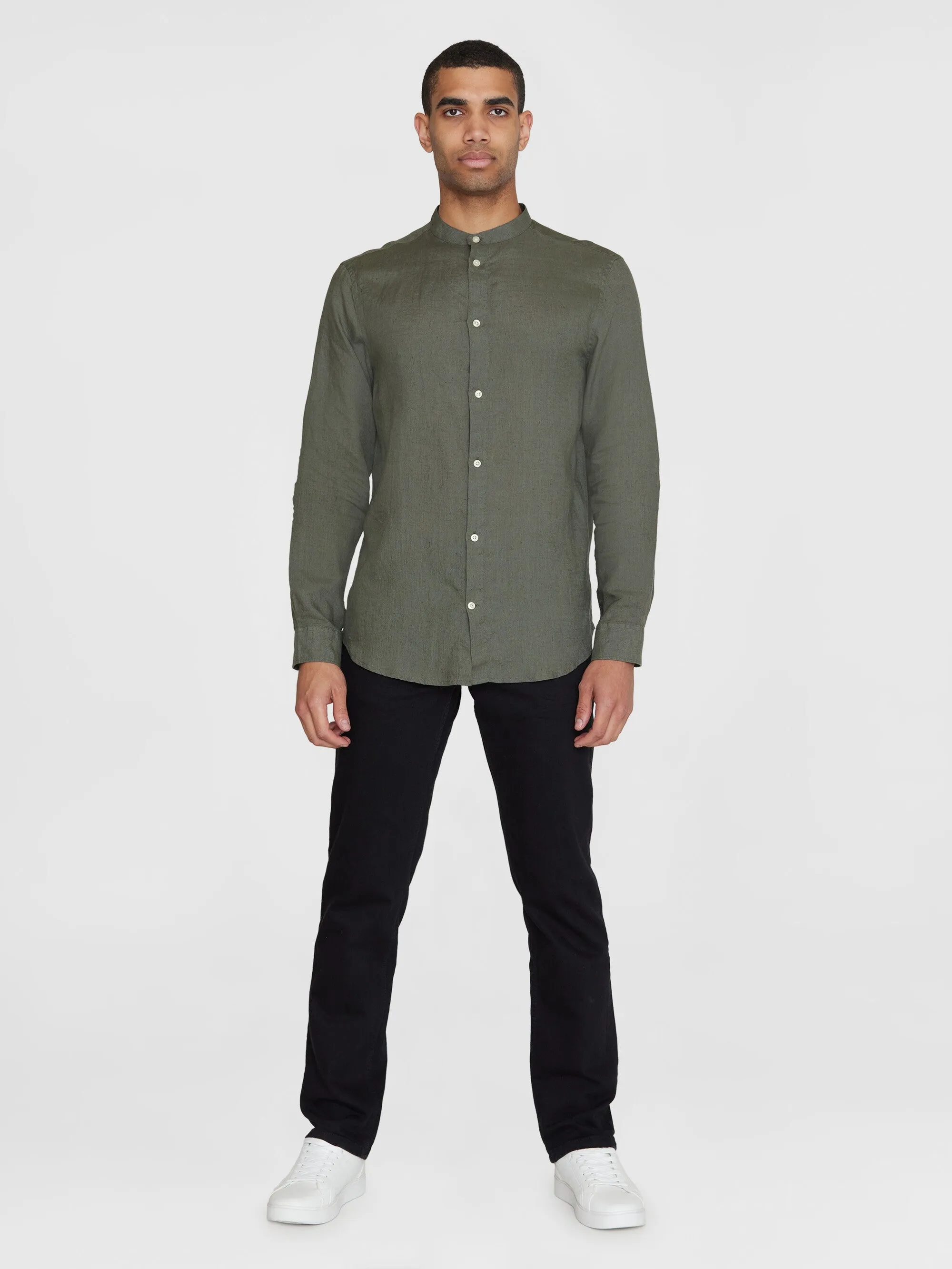Custom fit linen stand collar shirt - Burned Olive