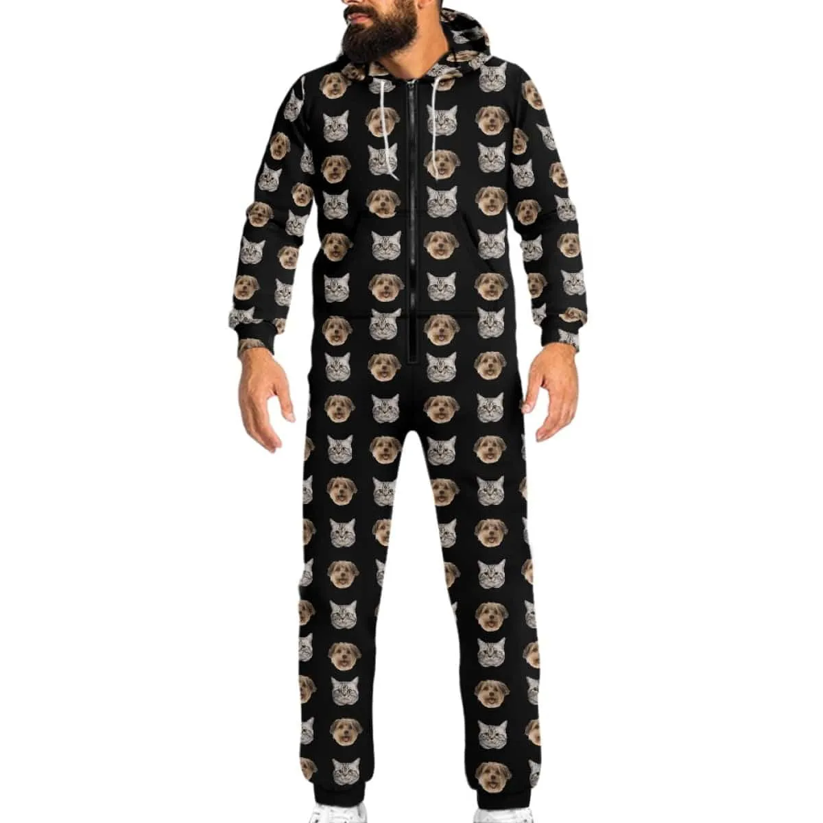 Custom Pet Face Unisex Adult Hooded Onesie Jumpsuits with Pocket Personalized Zip One-piece Pajamas for Men and Women