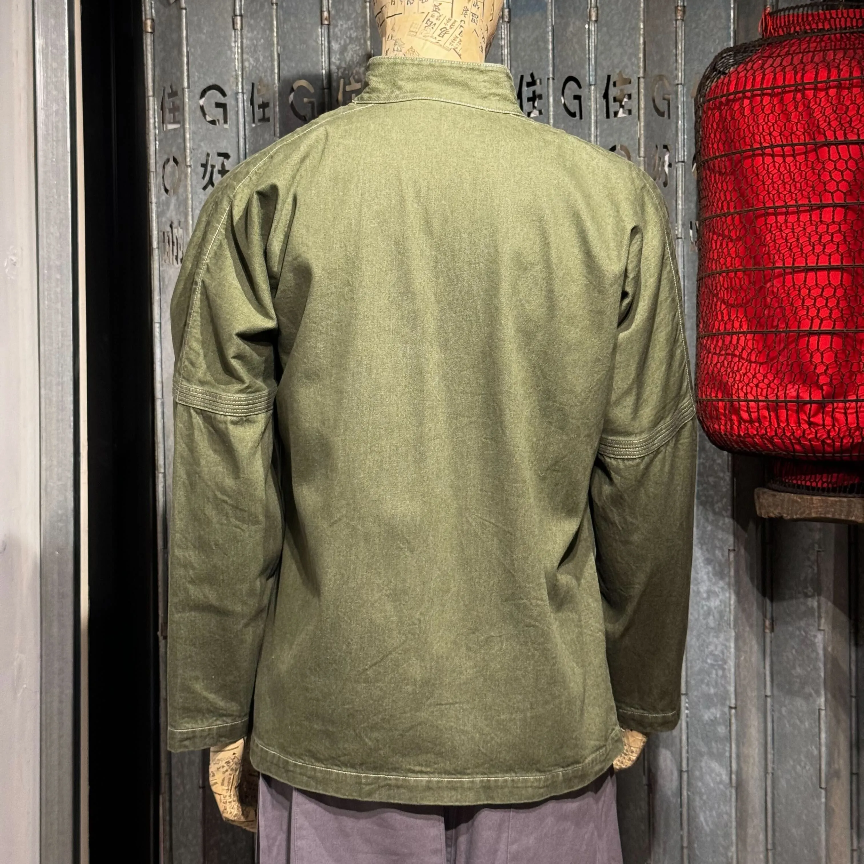 Denim Knot Button Jacket with 4 Pockets, Army Green