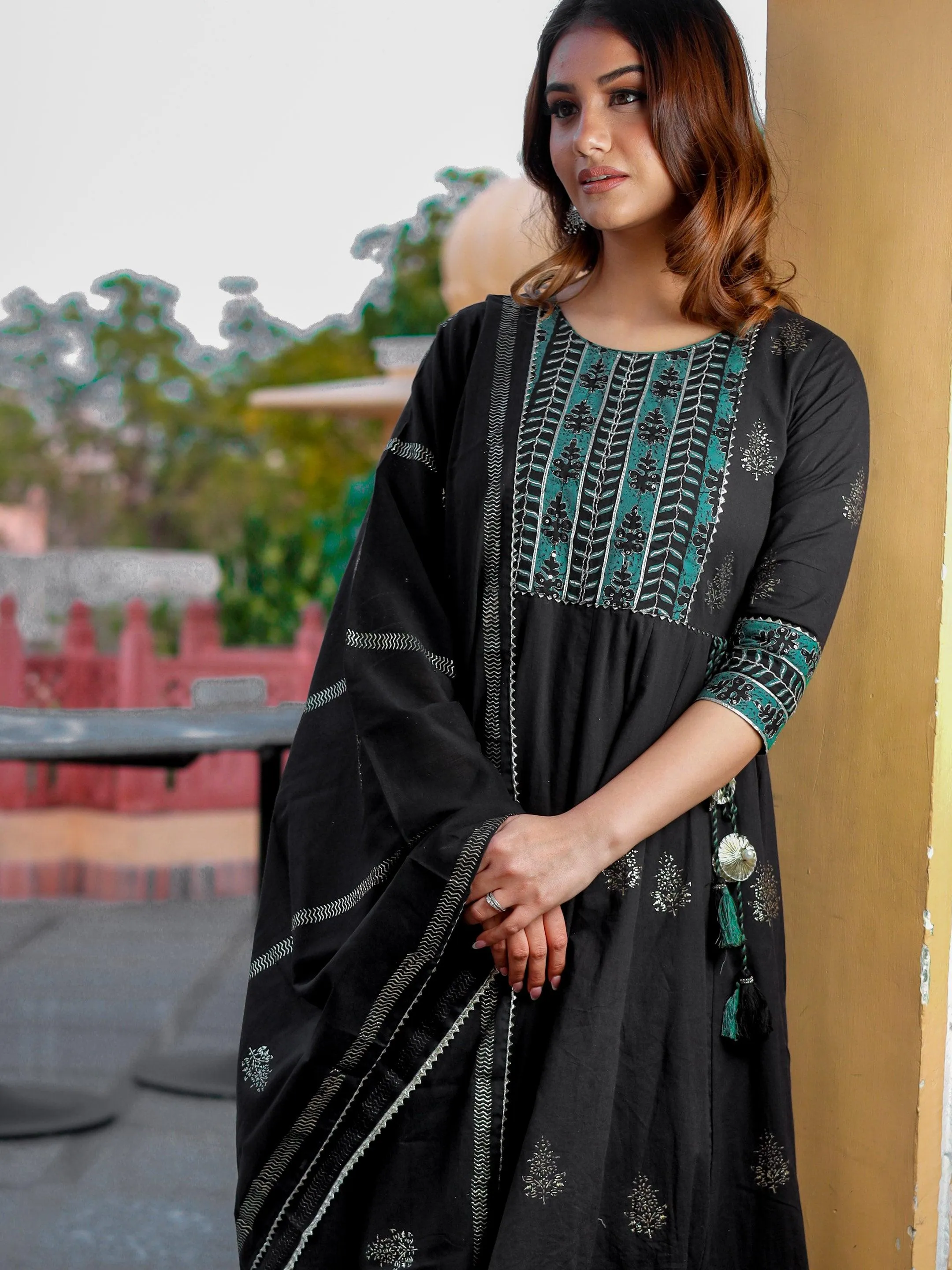 Divena Black Cotton Anarkali Kurta Pant Set with Dupatta