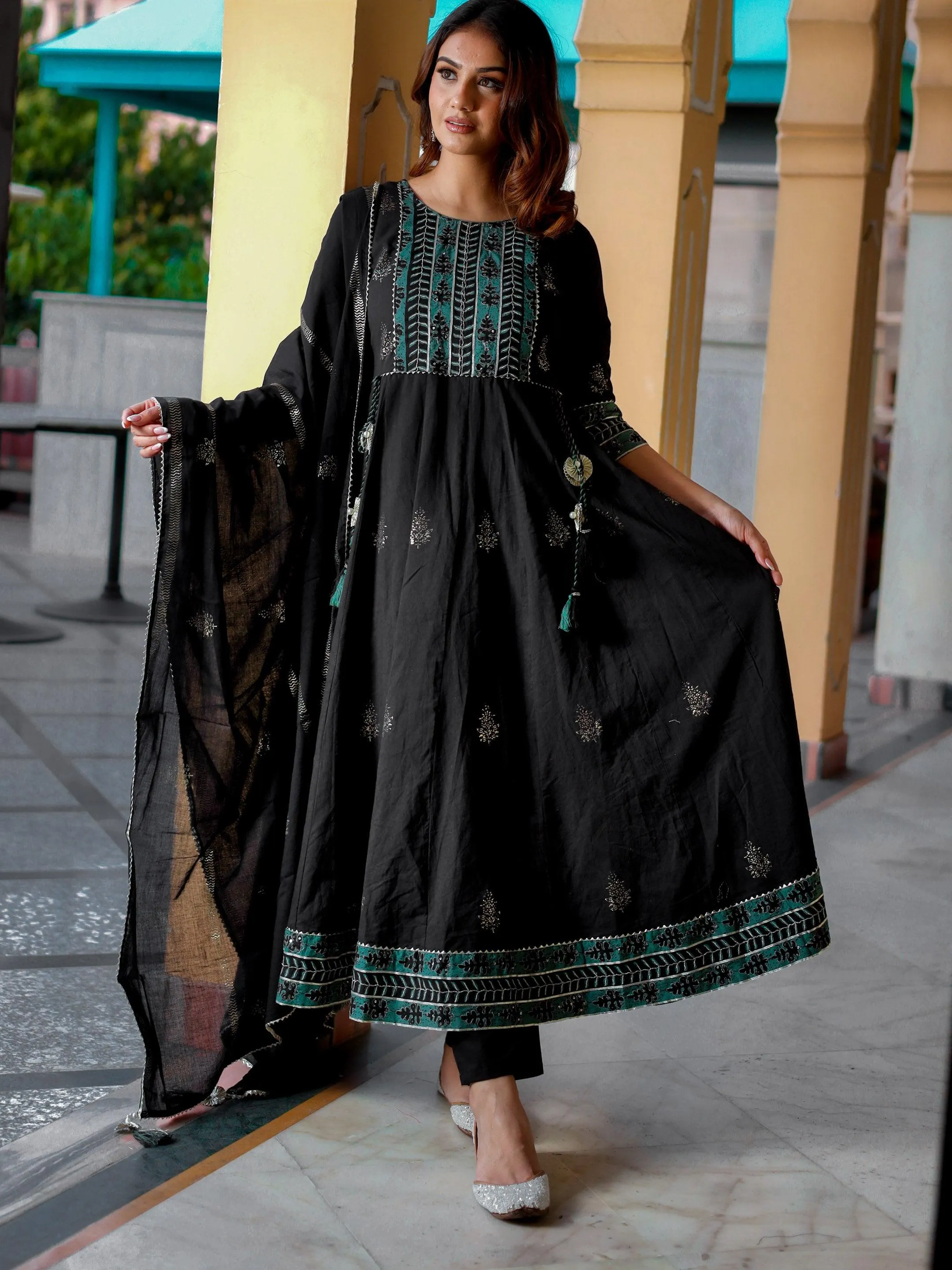 Divena Black Cotton Anarkali Kurta Pant Set with Dupatta