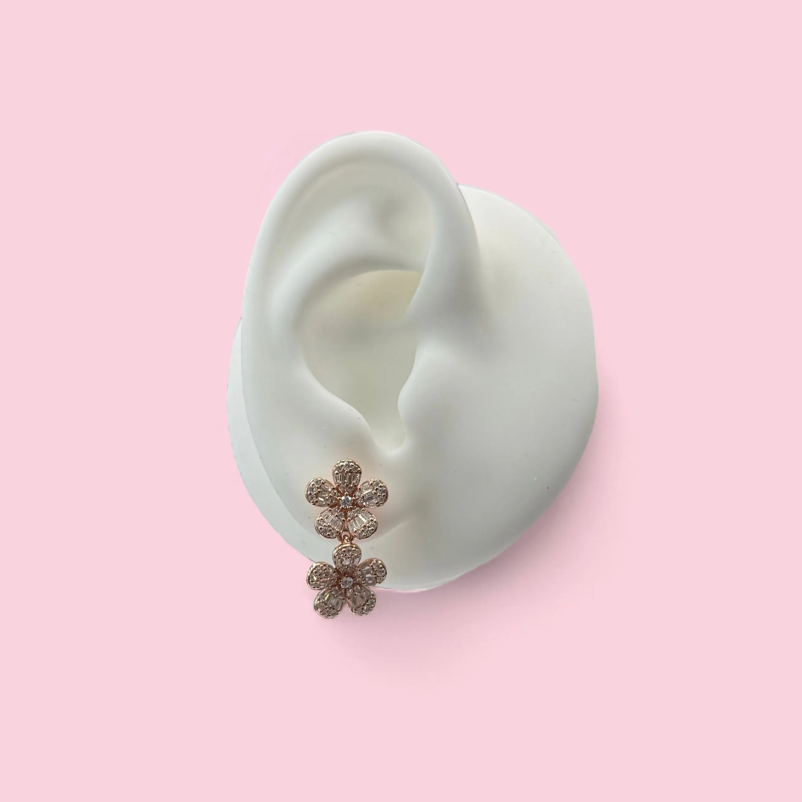 Double Hanging Flower Earrings With Baguette CZ Stones - Multiple Colors Available