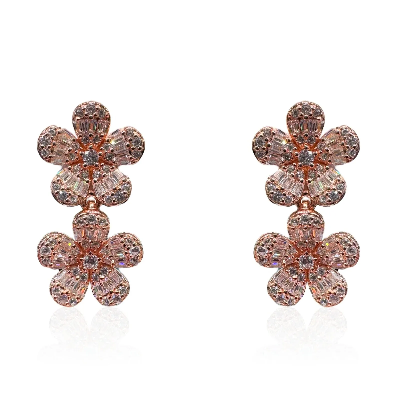 Double Hanging Flower Earrings With Baguette CZ Stones - Multiple Colors Available