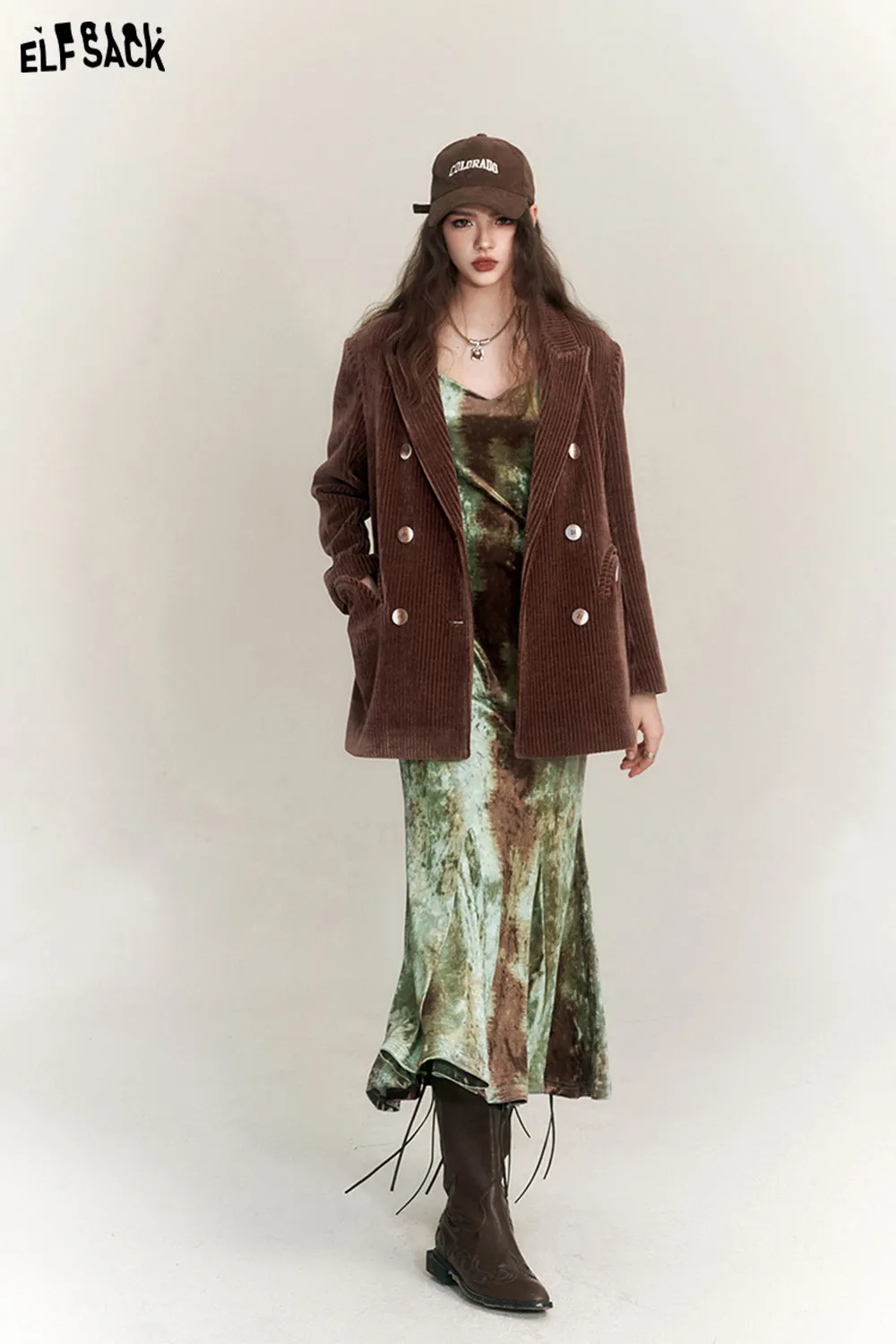 ELFSACK Chenille Brown Suit Jackets Women 2023 Winter New Retro Designer Coats