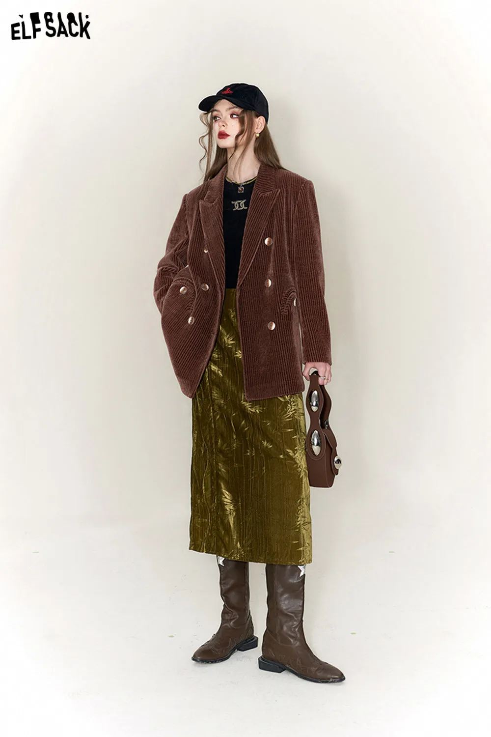ELFSACK Chenille Brown Suit Jackets Women 2023 Winter New Retro Designer Coats
