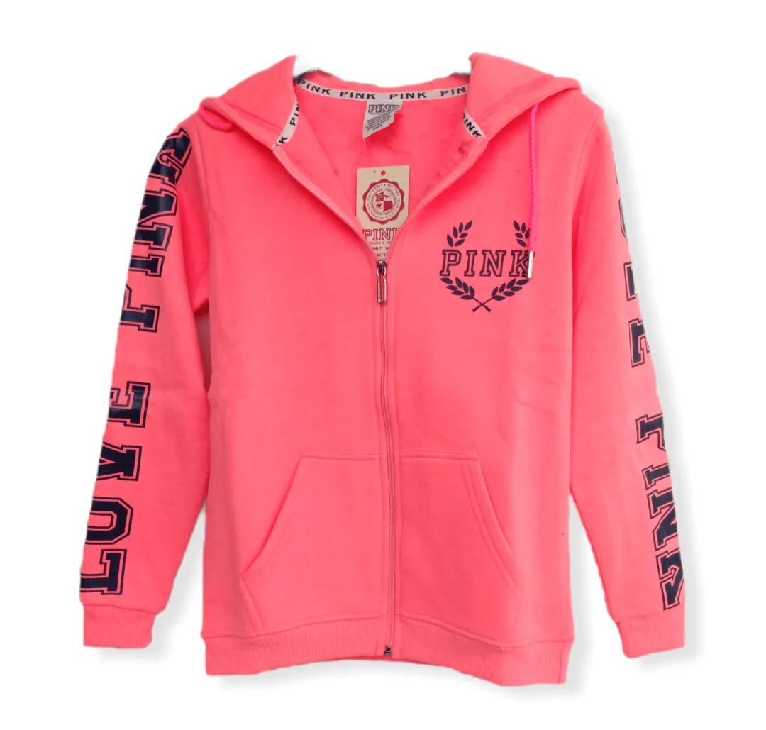 PINK Women Hoodie Jacket - Shoulder Print - Neon Pink